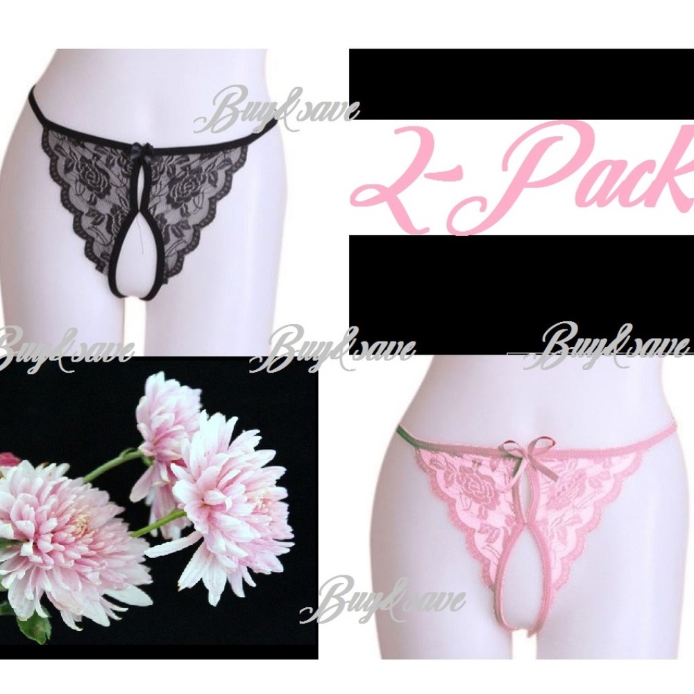 NEW Sexy Crotchless Panties Pink Black Frilly Bow